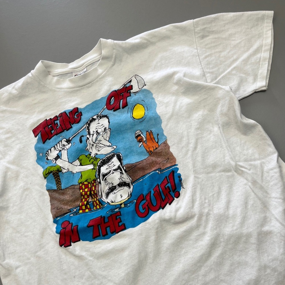 VTG Stedman T-Shirt Mens XL White Teeing Off N The Gulf Political Cartoon Saddam